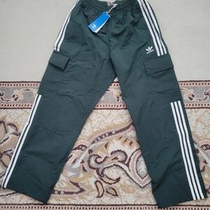Adidas Womens Green Cargo Track Pants with White Stripes